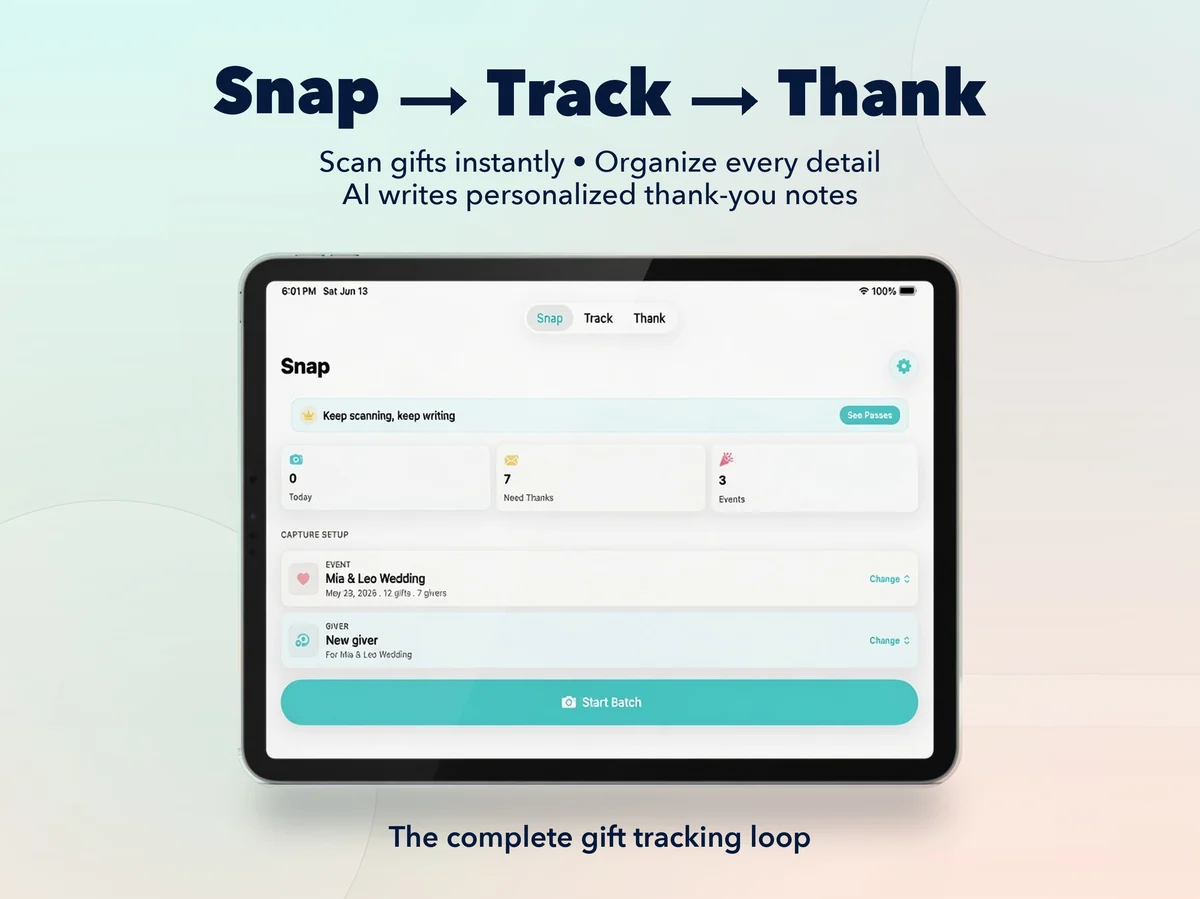 WrapSheet iPad screenshot showing Snap Track Thank workflow