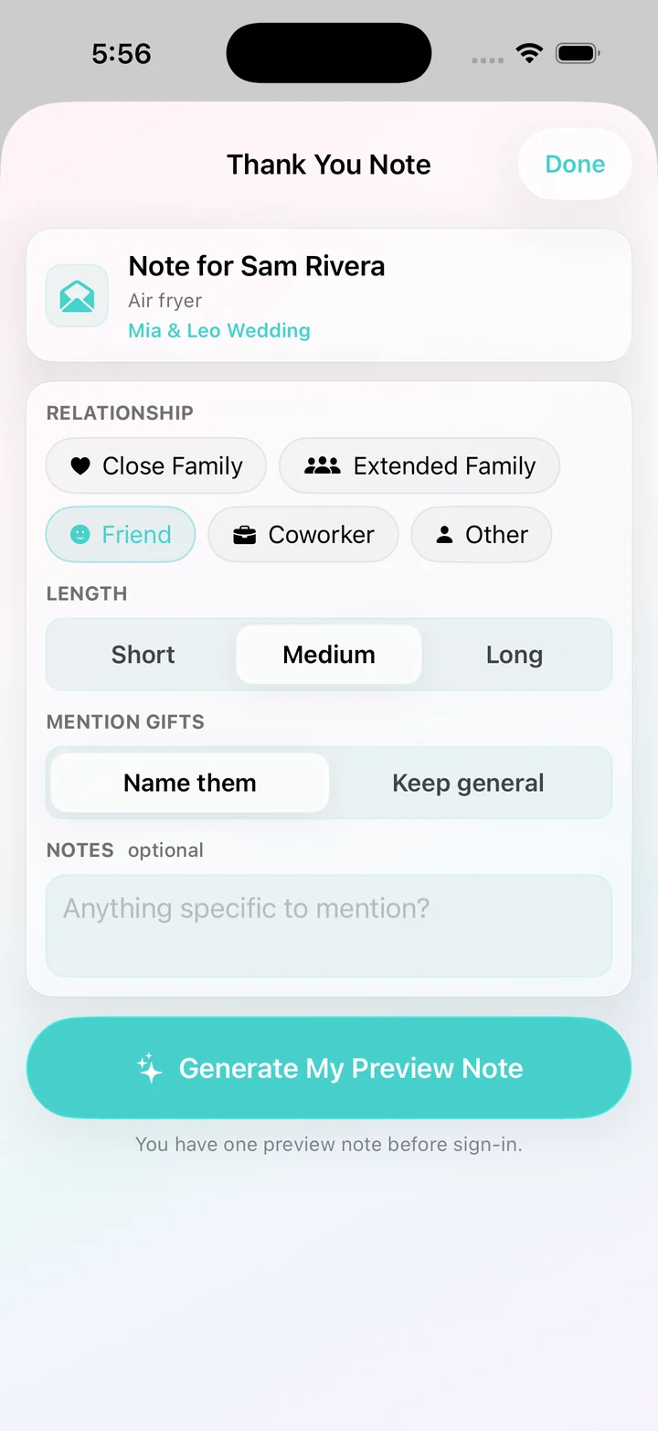 WrapSheet thank-you note generator