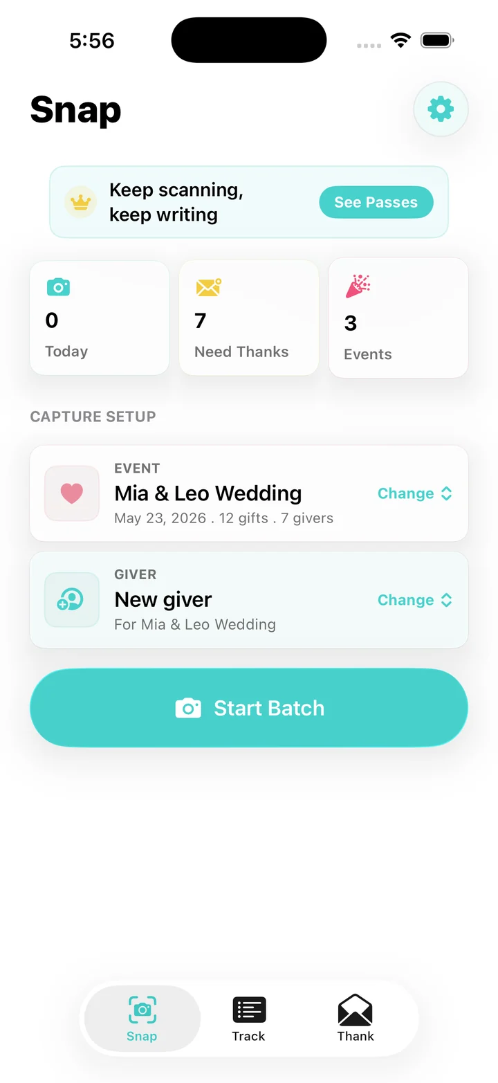 WrapSheet Snap screen showing event and giver setup