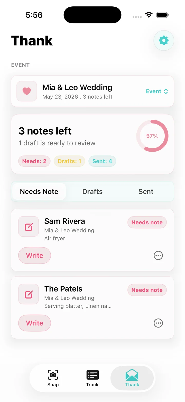 WrapSheet Thank screen showing notes left to review