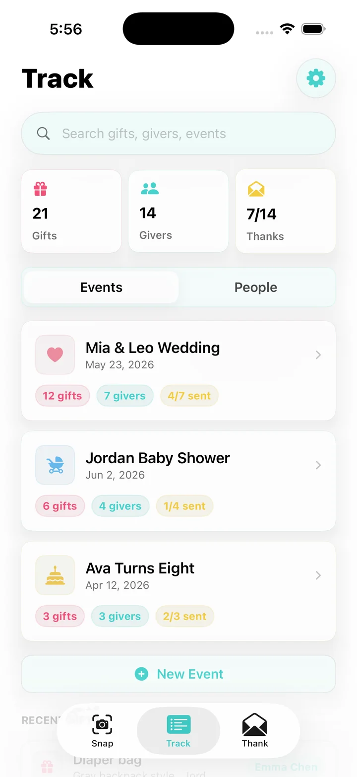WrapSheet Track screen with event gift and thank-you status